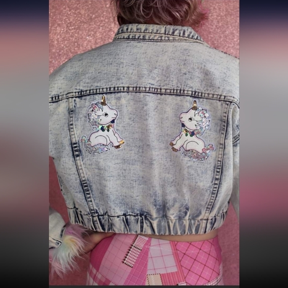 SOLD Kawaii pastel goth cropped acid washed ooak jacket! SHE READY! - Picture 9 of 13